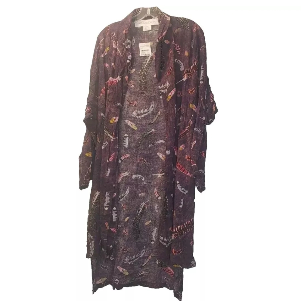 Whimsical Feathers Kimono Topper Purple Feather Print Open Duster Shawl New